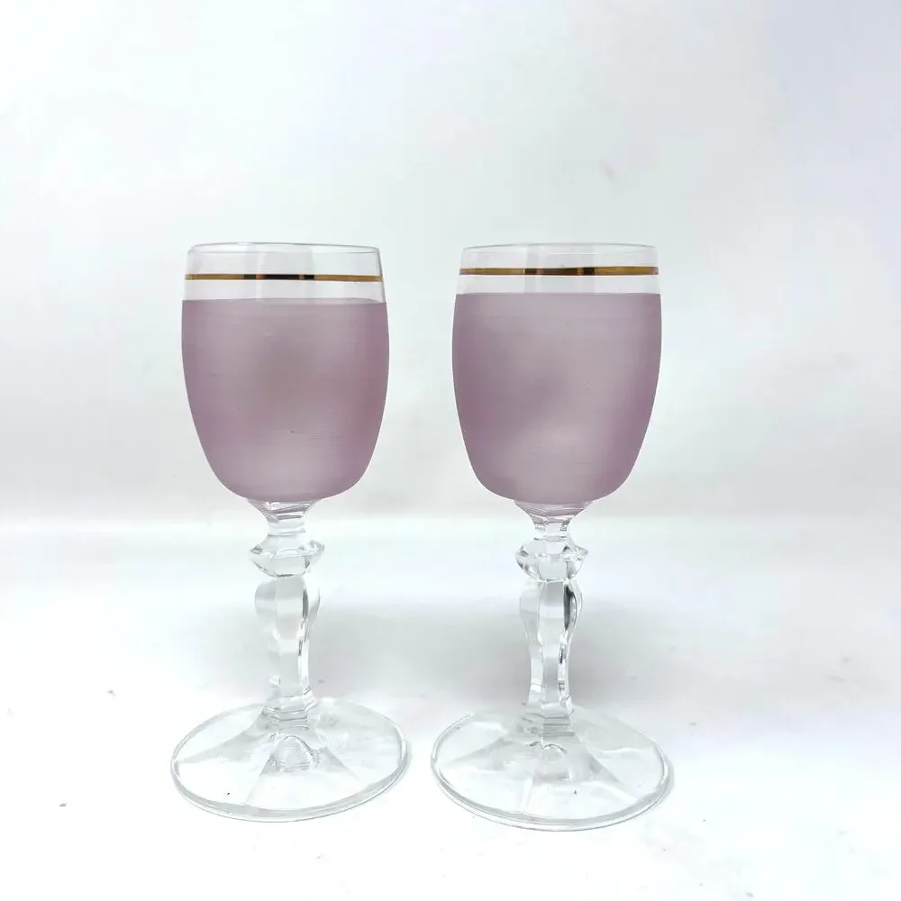 Hand Painted Bohemian Pink Cordial Glasses Set of 2‎ Gold Trim Flower VTG